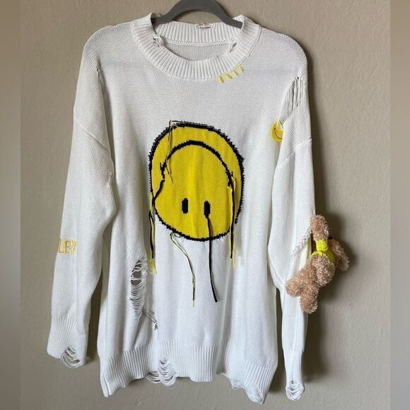 13De Marzo x Smiley Broken Suture Pin Knit White Dress SweaterCrew  Size S-L - Picture 10 of 16